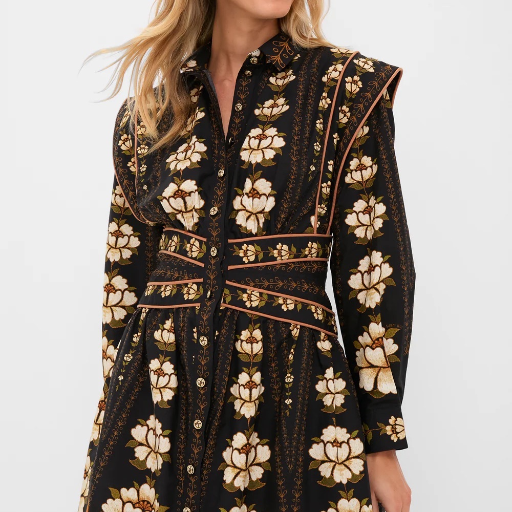 Farm Rio Black Floral Button-Front Women's Dress with Long Sleeves NWOT